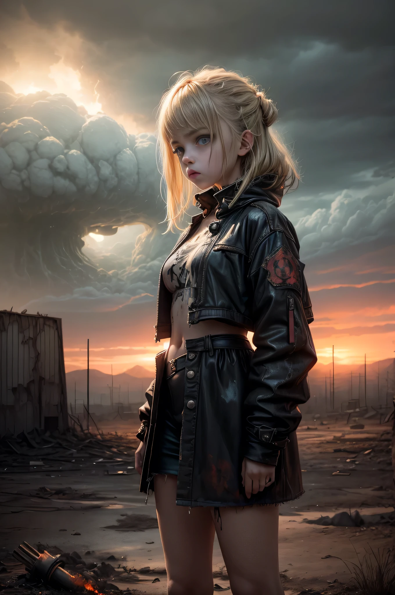 "Oil painting, 
((resilient)) girl standing amidst nuclear wasteland ruins, delicate flowers emerging from the desolation, ominous clouds casting shadows, 
((haunting beauty)), post-apocalyptic masterpiece".
a giant dragon circles in the sky, scales, evil, fire breathing
young girl, tattered rags of clothes, short dirty blonde hair, desperate sad expression. 
low key lighting, moody, gritty, edgy