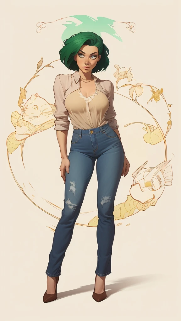 um desenho de uma mulher com uma fantasia verde e amarela, garota de anime desonesta, artgerm e lois van baarle, full body portrait of jeans cinza, Steven Artgerm Lau, desenhado no estilo de artgerm, fanart de alta qualidade, jeans cinza, High quality color sketch, linda garota vestindo terno regata, portrait of jeans cinza, girl of the zodiac knights