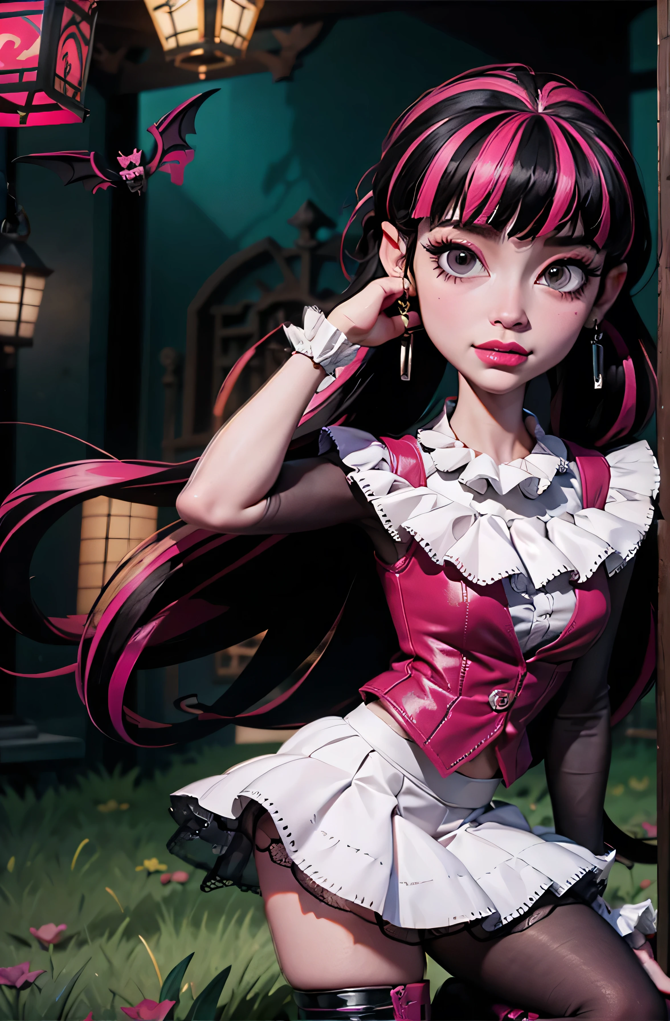centered, award winning upper body portrait, cowboy shot, (looking at viewer:1.2), |
Draculaura_MH, solo, perfectly hands, perfectly body, black half hair, pink half hair, multicolored hair, long hair, white skirt, pink knee boots, smiling, garden scenery, japanese lanterns, dark red roses, depth of field, cinematic composition, ((high quality)), ((Work of art)), (more detail), half black hair, half soft pink hair, wave hair, pink heart in the eyes, smile, vampire fangs, maid dress, black maid headdress, black maid apron, bat wings, pink skirt, black dress with transparency, pink laces, black gloves, black high socks, high hills boots, bat jewelry, jewelry, seat on the grass, dark red roses on focus, Draculaura_(monster high), Monster High, looking at the viewer, more details on the clothes,