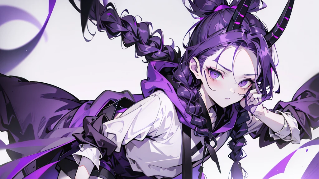 boy. thoughtful look. open forehead. black and purple hair tied in a bun on the left side to one side. sinuous black horns wrapped in dark purple ribbon. pale violet eyes. in short dark purple shorts. long white T-shirt. dark purple knee-high socks. dark_purple long coat with hood. древние dark_purple stone walls purple light from lamps on an old piano 