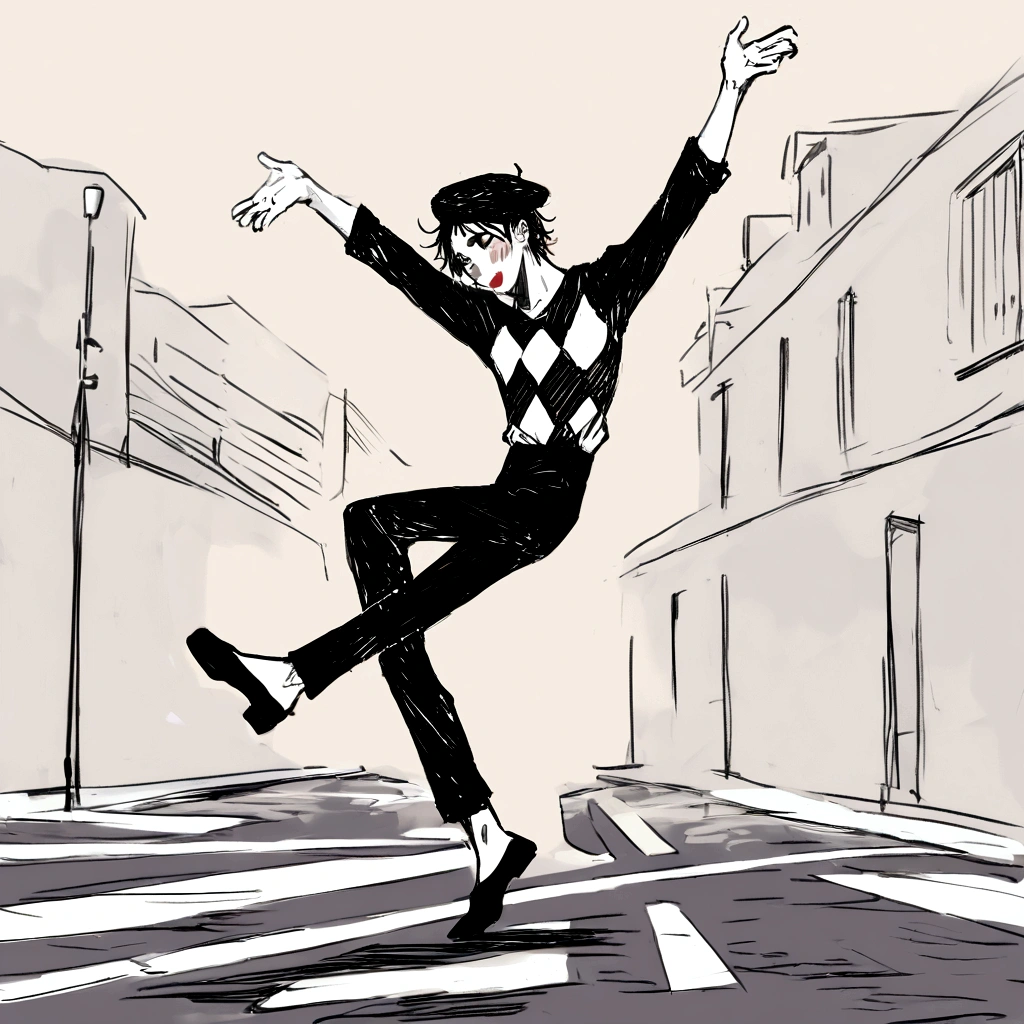 adult tall male mime, shirt grunge, sketchy lines, messy hair, black hair, wearing a beret,,happy, has mime makeup on, wearing a mime outfit, dark blue eyes, performing on the streets of paris, showing full body, on a city street, solo, alone, (SOLO)(ALONE) Dancing, arms out, hands open