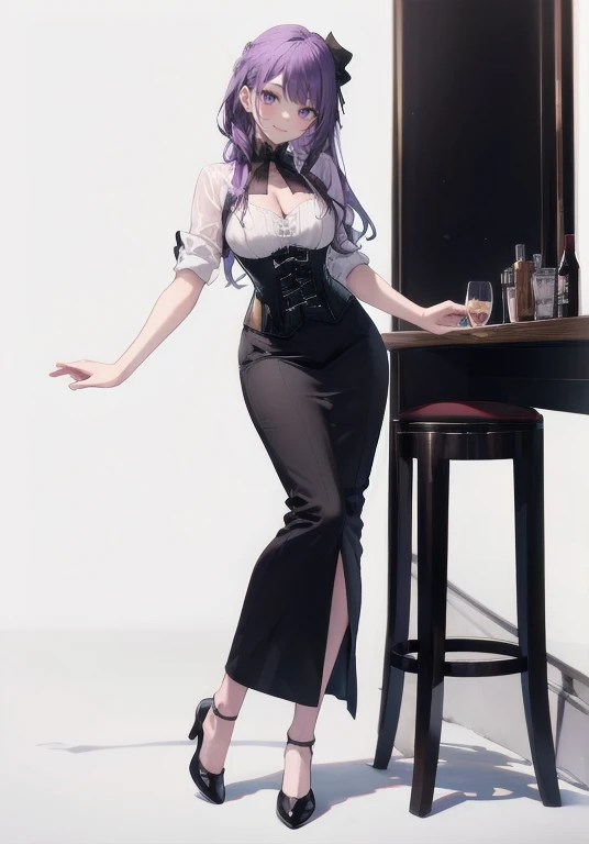 ((Perfect Face)),Purple Hair,super long hair,1 female,bartender,corset,,skirt,((Simple White Background)),((smile)),((Full Body)),((full body)),upright,