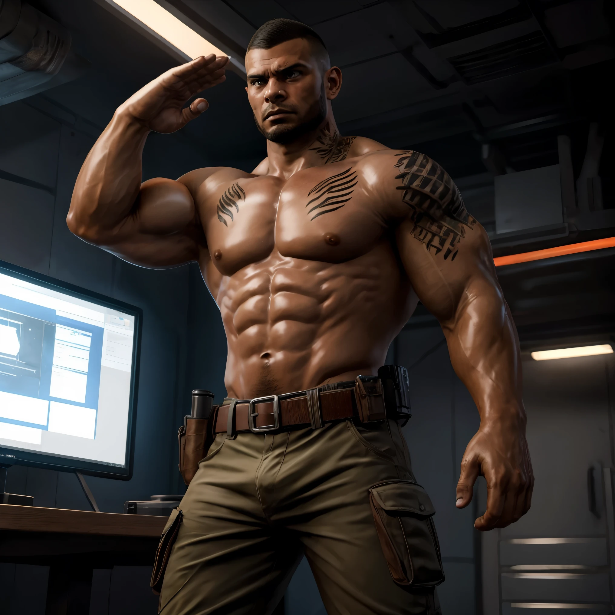 ultra realistic, unreal engine 5, james vega, dark skin, muscular, pectoral, abs, tattoo, buzz cut, beard, military uniform, camouflage pants, belt, gun holster, frown, looking at viewer, right hand, salute, left hand side with body, standing at attention, spacecraft,
