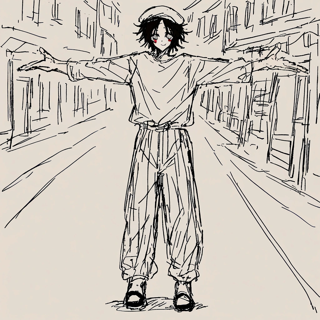 adult tall male mime, shirt grunge, sketchy lines, messy hair, black hair, wearing a beret,,happy, has mime makeup on, wearing a mime outfit, dark blue eyes, performing on the streets of paris, showing full body, on a city street, solo, alone, (SOLO)(ALONE) Dancing, arms out, hands open