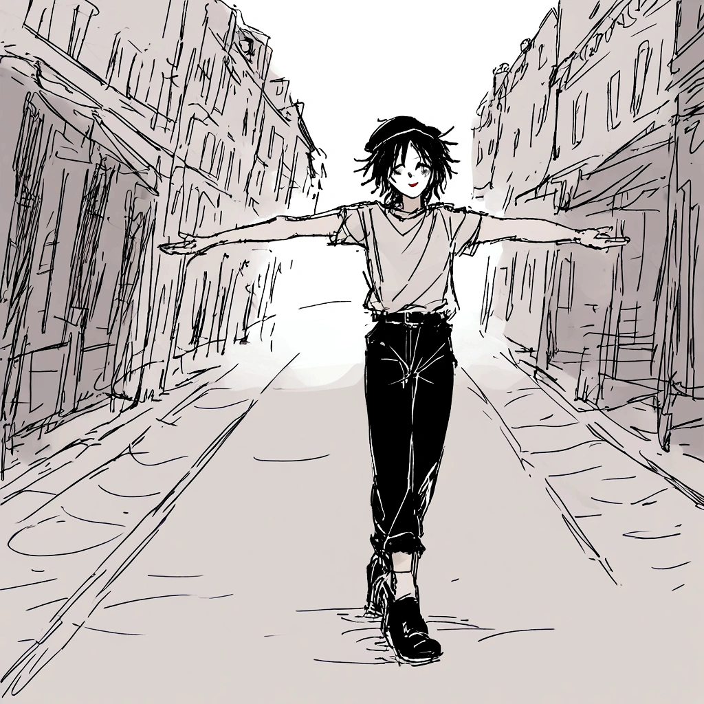 adult tall male mime, shirt grunge, sketchy lines, messy hair, black hair, wearing a beret,,happy, has mime makeup on, wearing a mime outfit, dark blue eyes, performing on the streets of paris, showing full body, on a city street, solo, alone, (SOLO)(ALONE) Dancing, arms out, hands open