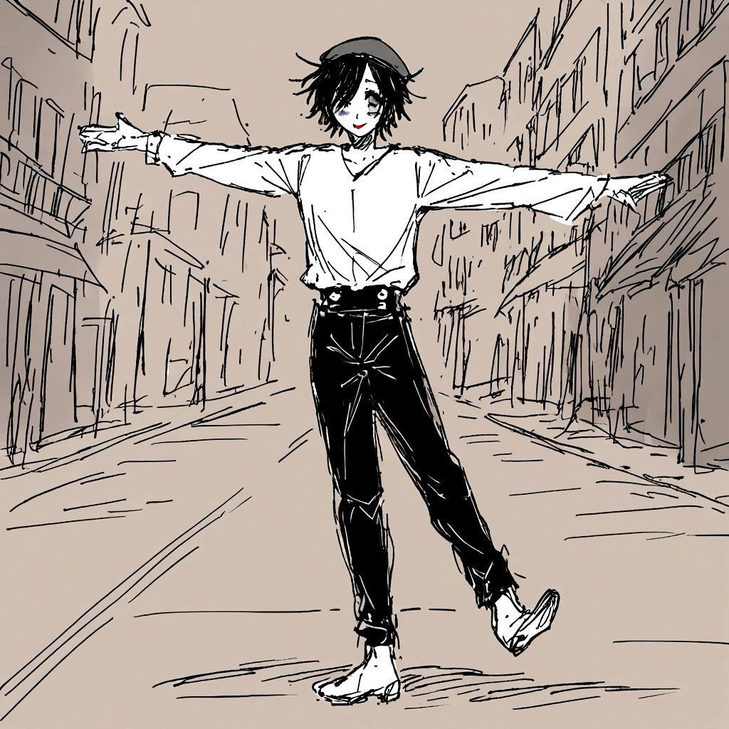 adult tall male mime, shirt grunge, sketchy lines, messy hair, black hair, wearing a beret,,happy, has mime makeup on, wearing a mime outfit, dark blue eyes, performing on the streets of paris, showing full body, on a city street, solo, alone, (SOLO)(ALONE) Dancing, arms out, hands open