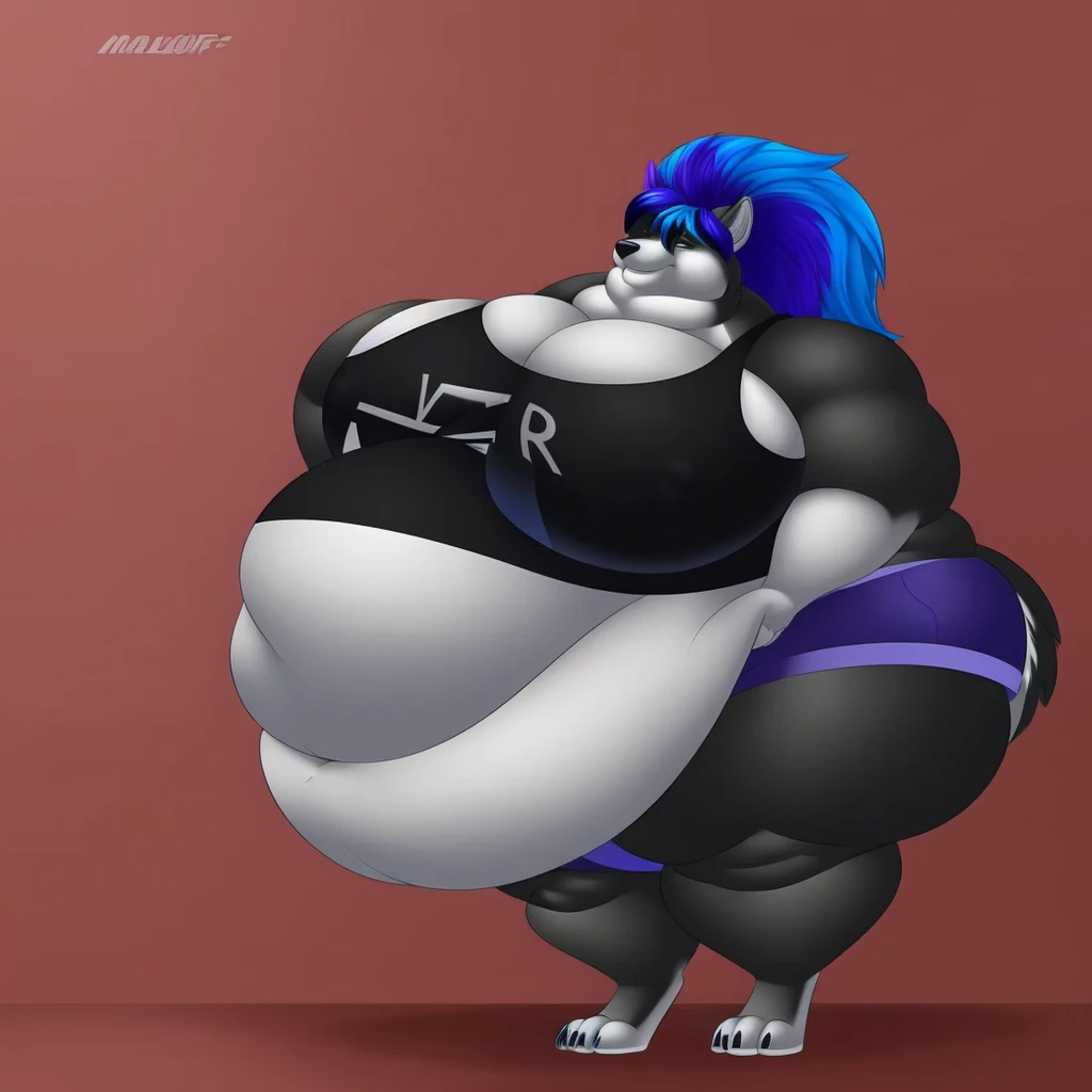 Malamute, female, huge breasts, huge hips, huge thighs, long hair, huge belly,fat arms, fat legs, belly rolls, fat rolls,double chin, chubby cheeks, black body, blue highlights, dark blue hair,rolled up tail, black tank top, black shorts