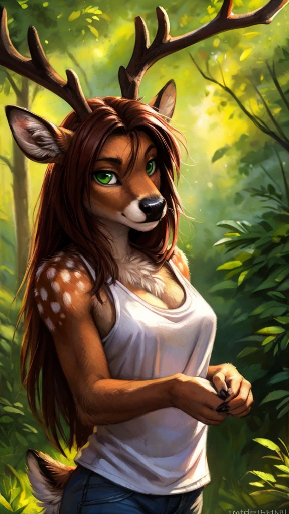 by kenket, by totesfleisch8, (by thebigslick, by silverfox5213:0.8), (by syuro:0.2), by tom_fischbach,, (best quality, masterpiece:1), solo, furry female anthro, green eyes, long hair, reddish brown hair, portrait, fingers, finger claws, looking at viewer, deer, (outdoors dark forest trees blurry blurred background:1.1), featureless_breasts, dressed in a white tanktop.