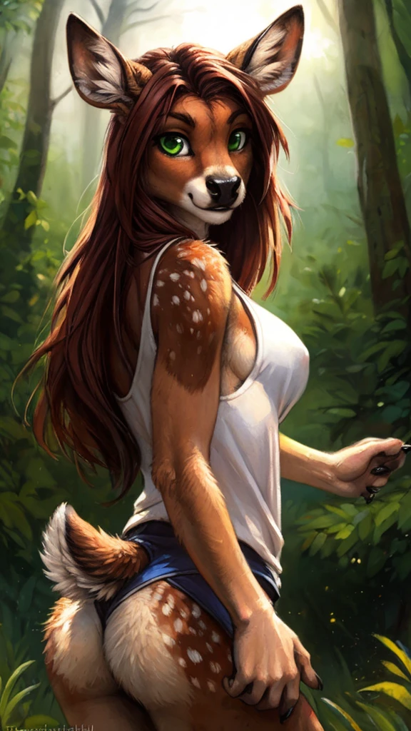 by kenket, by totesfleisch8, (by thebigslick, by silverfox5213:0.8), (by syuro:0.2), by tom_fischbach,, (best quality, masterpiece:1), solo, furry female anthro, green eyes, long hair, reddish brown hair, portrait, fingers, finger claws, looking at viewer, deer, (outdoors dark forest trees blurry blurred background:1.1), featureless_breasts, dressed in a white tanktop.