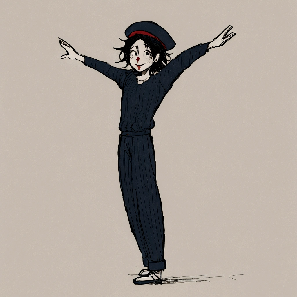 adult tall male mime, shirt grunge, sketchy lines, messy hair, black hair, wearing a beret,,happy, has mime makeup on, wearing a mime outfit, dark blue eyes, performing on the streets of paris, showing full body, on a city street, solo, alone, (SOLO)(ALONE) Dancing, arms out, hands open