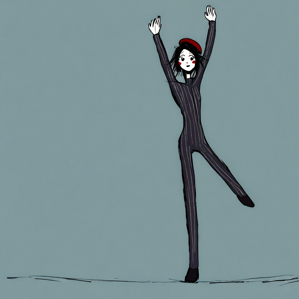 adult tall male mime, shirt grunge, sketchy lines, messy hair, black hair, wearing a beret,,happy, has mime makeup on, wearing a mime outfit, dark blue eyes, performing on the streets of paris, showing full body, on a city street, solo, alone, (SOLO)(ALONE) Dancing, arms out, hands open