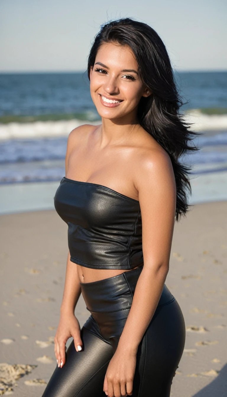 Portrait of a beautiful 25-year-old woman, schwarze haare, beautiful latina, bandeau-top and black faux leather leggins, am strand, (heller sand, helles und lebendiges Licht: 1.2), shy smile, very big , tanned, nsfw