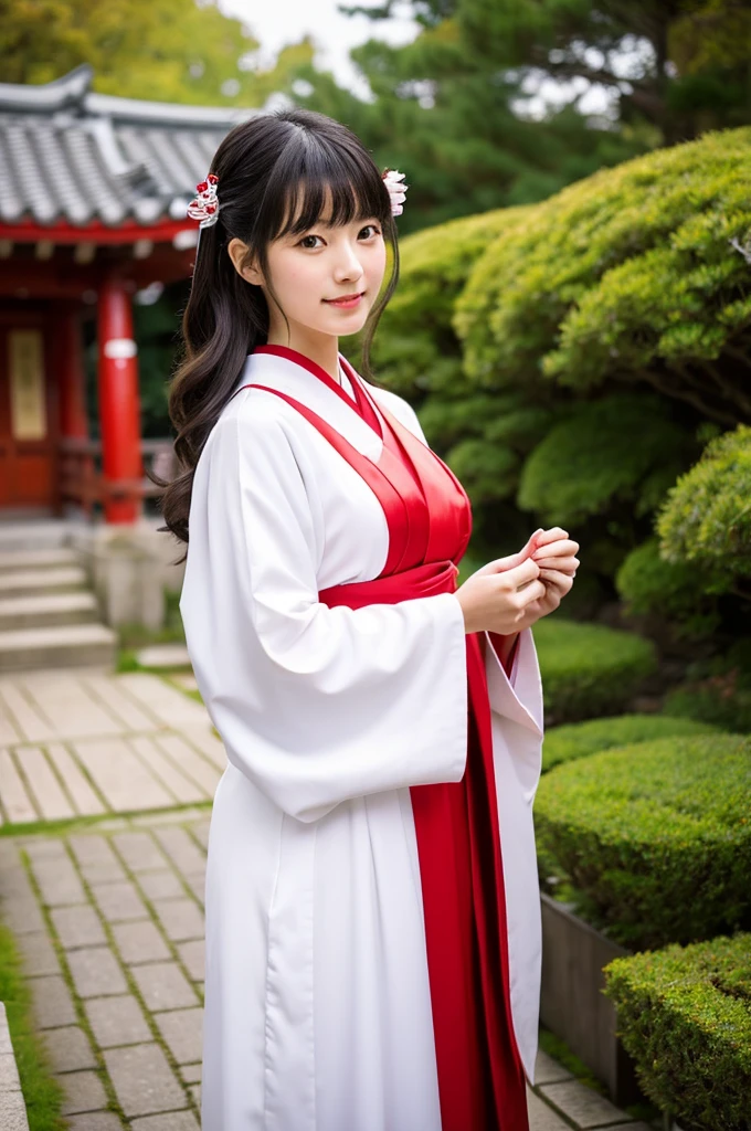 Red hakama, red Japanese style pants, the lower half of the costume is red, Main hall of the shrine, Shrine maiden, ((full body)), ((photo)), ((best qualtiy, 8K, tmasterpiece: 1.3)), Focus: 1.2, perfect figure beautiful girl: 1.4, 1girl, cowboy shot, look at viewer, incredibly absurd, beautiful and cute girl with a photorealistic face, showcasing top-quality craftsmanship, Japanese girl sweeping the garden at the shrine, 17 years old, Her hair is half-up with smooth curls, glossy jet black long hair, Gentle features, Big deep brown eyes, Small face, Fair skin, Translucent, Smooth and silky skin, Natural eyebrow shape, Thin lips, Soft smile,, delicate, Well-balanced proportions, B cup small breasts, Simple and elegant shrine maiden costume, White robe and red hakama,, Beautiful girl, Clean, Healing, Moe, Elegant manners, Kind, Tolerant, Humble, Sincere, Deep faith, January
