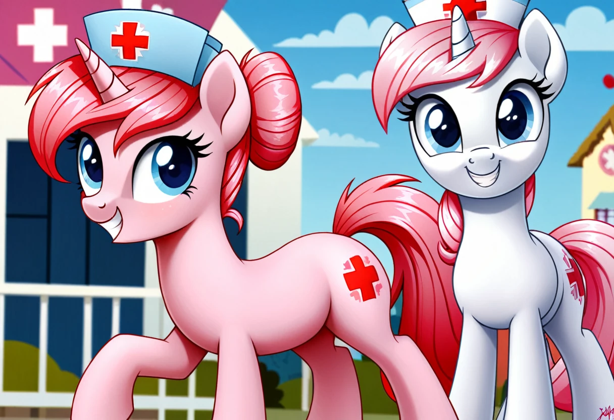 mlp role，Nurse Red Heart，Blue sky，white pony，White Wings，White unicorn，Pink sideburns and tail，Smile，Cute look