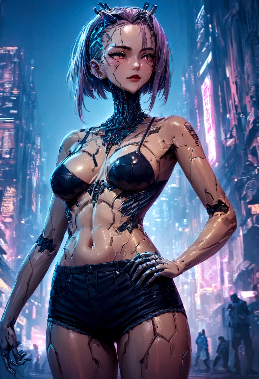 ((extremely delicate and beautiful cybernetic girl)), ((mechanical limblood vessels connected to tubeechanical vertebrae), ((mechanical cervical attaching to neck)), (wires and cables attaching to neck:1.2), ((mass of wires and cables on head)),  (character focus), (((dynamic pose))), ((cowboy shot)), (masterpiece), (((best quality))), ((ultra-detailed)), (highly detailed photorealistic CG illustration), cinematic lighting, science fiction, extremely detailed,colorful,highest detail, (((cyberpunk city background))), tattoos,