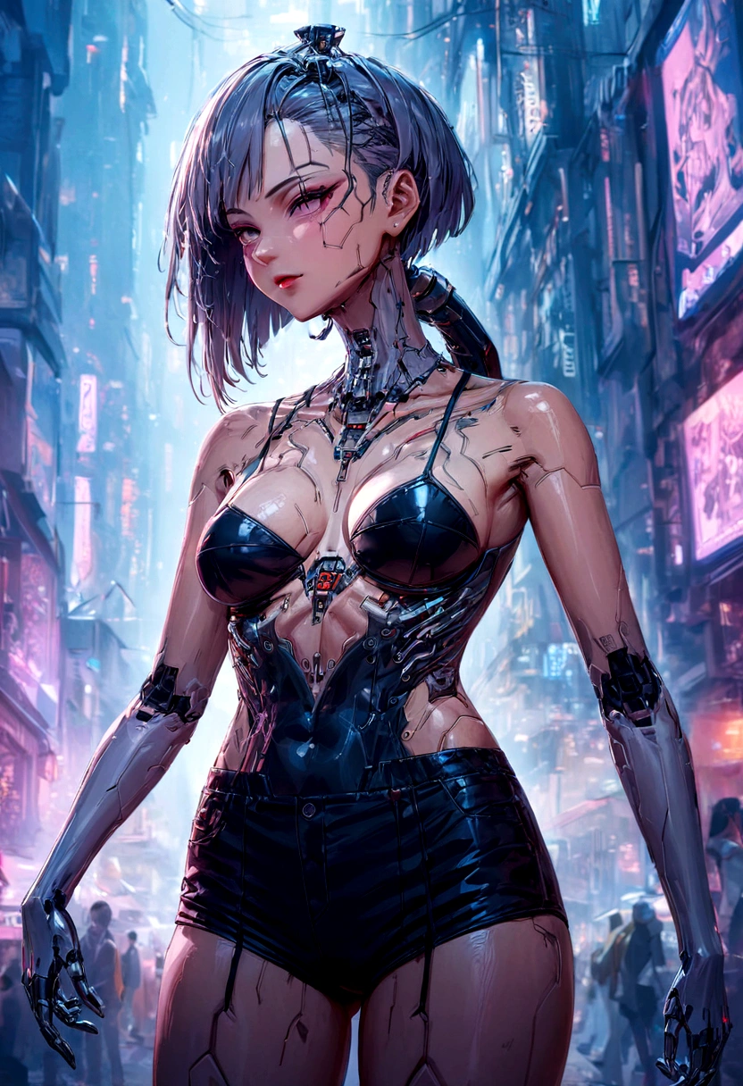 ((extremely delicate and beautiful cybernetic girl)), ((mechanical limblood vessels connected to tubeechanical vertebrae), ((mechanical cervical attaching to neck)), (wires and cables attaching to neck:1.2), ((mass of wires and cables on head)),  (character focus), (((dynamic pose))), ((cowboy shot)), (masterpiece), (((best quality))), ((ultra-detailed)), (highly detailed photorealistic CG illustration), cinematic lighting, science fiction, extremely detailed,colorful,highest detail, (((cyberpunk city background))), tattoos,