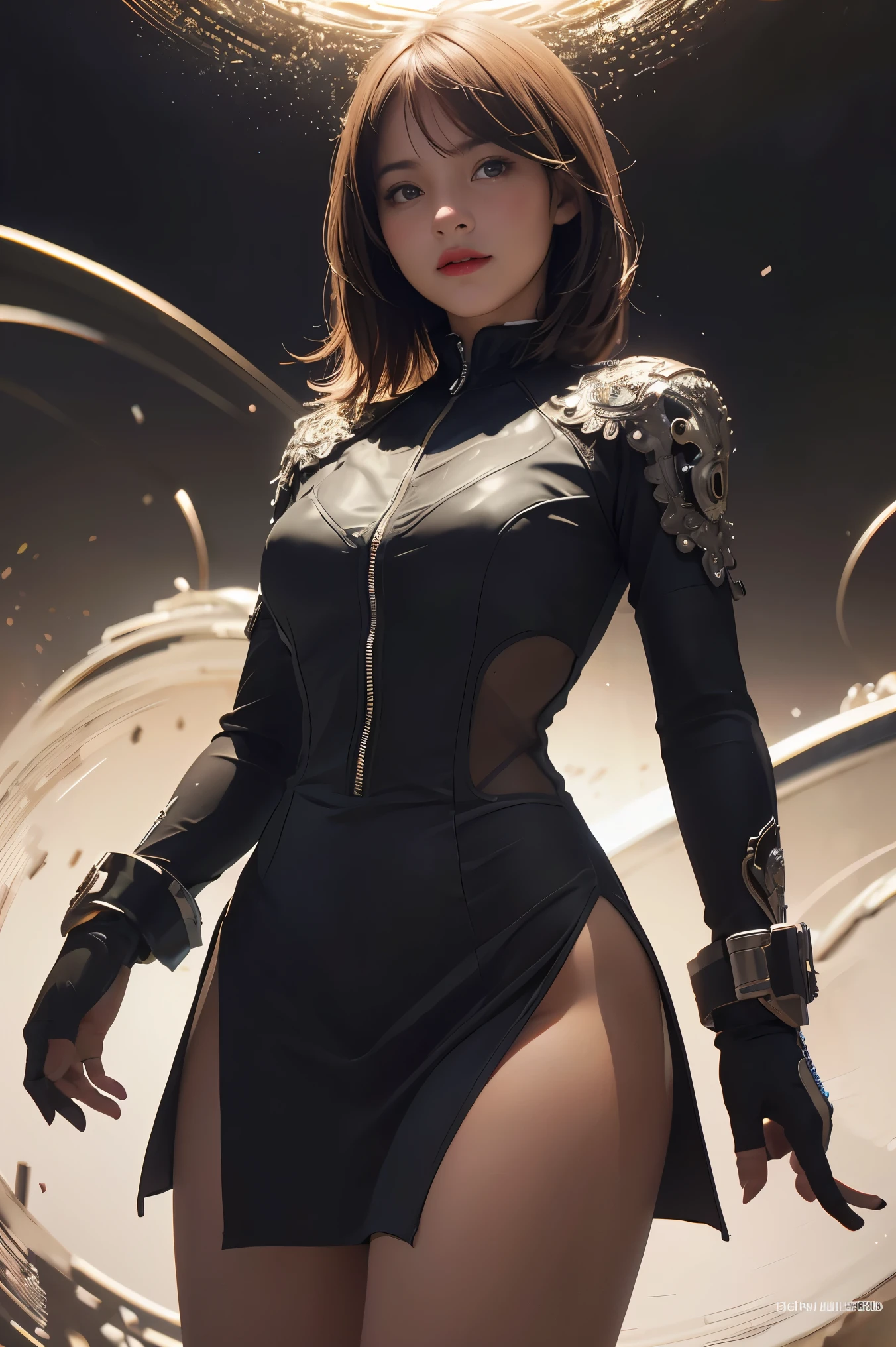 ((masterpiece, best quality)), ultra detailed 8k, photorealistic, sharp focus, highly detailed, professional lighting , shadowmancer, photo of a woman, ink particle, ((swirling black ink floating around)), futuristic fantasy, futuristic black dress, dynamic pose, realistic, masterpiece, intricate details, detailed background, depth of field, 