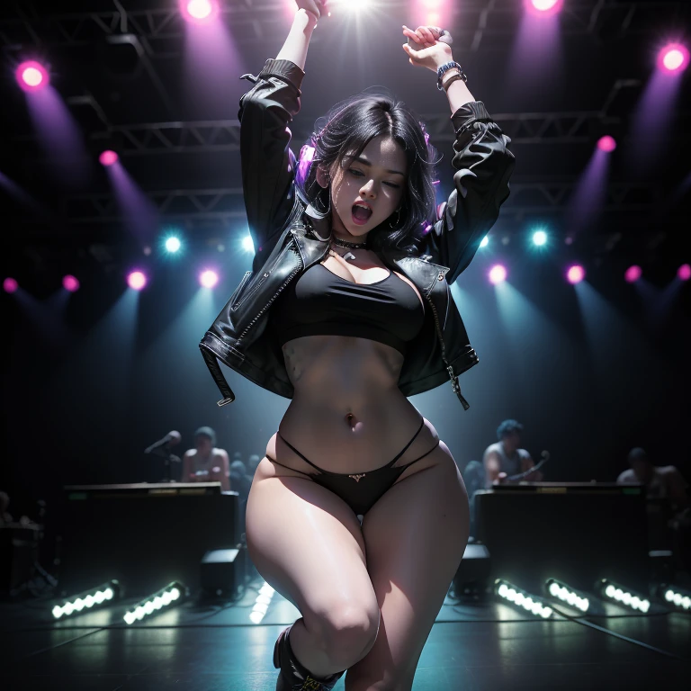 ((best quality)), ((masterpiece)), (detailed), 1girl, Night club strip dancer, Edgy and stylish, sexy smile, dynamic pose, huge and heavy breasts, wide hips, a punk-inspired leather jacket, high-waisted tight panties, and platform boots for a bold stage presence. Cinematic, view from below, focus on her hips. strobe lights,crowded dance floor,banging music,bodies writhing,energetic atmosphere,fiery passion,flashing colors,vibrant energy,euphoric ambiance,dance fever,dynamic movements,exhilarating intensity,rhythmic beats,uninhibited celebration,pulsating crowd,beats syncing,hip-hop,house music,techno,electronic beats,partygoers,smoky club,disco ball,neon lights,laser show,thumping bass,electrifying vibes,music blasting,synchronized dancing,beats drop, animals,hustling and bustling,unrestrained joy,dancing like no one's watching,lit up dance floor,vivid visuals,explosive atmosphere,energetic dance moves. (best quality,4k,8k, highres, masterpiece:1.2), ultra-detailed,realistic,studio lighting, vivid colors.
