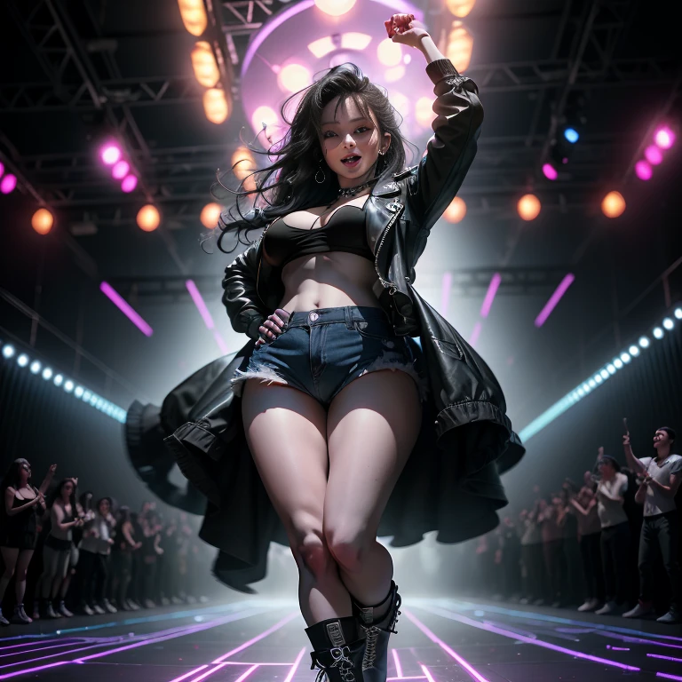 ((best quality)), ((masterpiece)), (detailed), 1girl, Night club strip dancer, Edgy and stylish, sexy smile, dynamic pose, huge and heavy breasts, wide hips, a punk-inspired leather jacket, high-waisted tight panties, and platform boots for a bold stage presence. Cinematic, view from below, focus on her hips. strobe lights,crowded dance floor,banging music,bodies writhing,energetic atmosphere,fiery passion,flashing colors,vibrant energy,euphoric ambiance,dance fever,dynamic movements,exhilarating intensity,rhythmic beats,uninhibited celebration,pulsating crowd,beats syncing,hip-hop,house music,techno,electronic beats,partygoers,smoky club,disco ball,neon lights,laser show,thumping bass,electrifying vibes,music blasting,synchronized dancing,beats drop, animals,hustling and bustling,unrestrained joy,dancing like no one's watching,lit up dance floor,vivid visuals,explosive atmosphere,energetic dance moves. (best quality,4k,8k, highres, masterpiece:1.2), ultra-detailed,realistic,studio lighting, vivid colors.