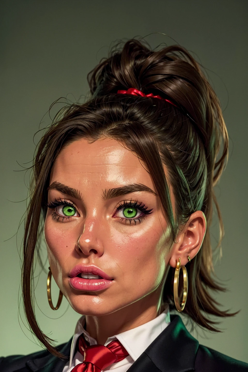sexy adn strong woman, tie and term dark green colors, red tie, brown hair, small gold earring right ear, outlined black, anime, golden eyes, cold look, expression would bewoman tie and term dark green colors, red tie, brown hair, small gold earring right ear, outlined black, anime, golden eyes, cold look, expression would be