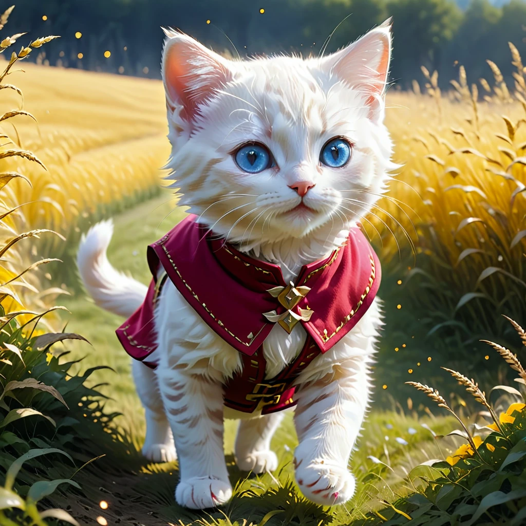 C4tt4stic, historical background is medieval Europe, (anthropomorphic blue-eyed white kitten), (wearing Swiss women's national costume), red vest, yellow short-sleeved shirt, dark pink skirt, barefoot, surrounded by fine light particles, illustration of small cute creature, running around in the field, fantasy art, exquisite details, Jean-Baptiste Monge style, Alan Lee style, movie scene, dramatic shot angle, atmospheric particles, realistic, raw cinematic photorealism, action portrait, 8k, detailed, full frame