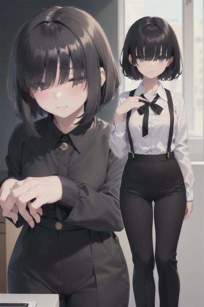 (((((shy girl))))), ((((shy posture)))), (((((1 girl))))), ((((1 girl)))), (((standing up straight))), (((full body))), ((((flat chested)))), ((amber-colored irises on her eyes)), ((((Mikoto Urabe Mysterious Girlfriend X anime style haircut)))), ((((((((hair bangs over eyes)))))))), ((((eyes behind hair)))), (((black short messy bob-cut))), ((((((eyes not visible due to being covered by hair bangs)))))), ((((eyes not visible due to be hidden by hair bangs)))), ((((black high-waist long slacks)))), ((black suspenders)), (((black tie))), (((women's dress shirt))), ((women's dress shoes)), (((20-year-old Office Lady))), ((((Office Setting)))).