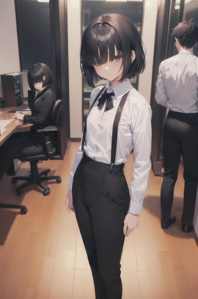 (((((shy girl))))), ((((shy posture)))), (((((1 girl))))), ((((1 girl)))), (((standing up straight))), (((full body))), ((((flat chested)))), ((amber-colored irises on her eyes)), ((((Mikoto Urabe Mysterious Girlfriend X anime style haircut)))), ((((((((hair bangs over eyes)))))))), ((((eyes behind hair)))), (((black short messy bob-cut))), ((((((eyes not visible due to being covered by hair bangs)))))), ((((eyes not visible due to be hidden by hair bangs)))), ((((black high-waist long slacks)))), ((black suspenders)), (((black tie))), (((women's dress shirt))), ((women's dress shoes)), (((20-year-old Office Lady))), ((((Office Setting)))).