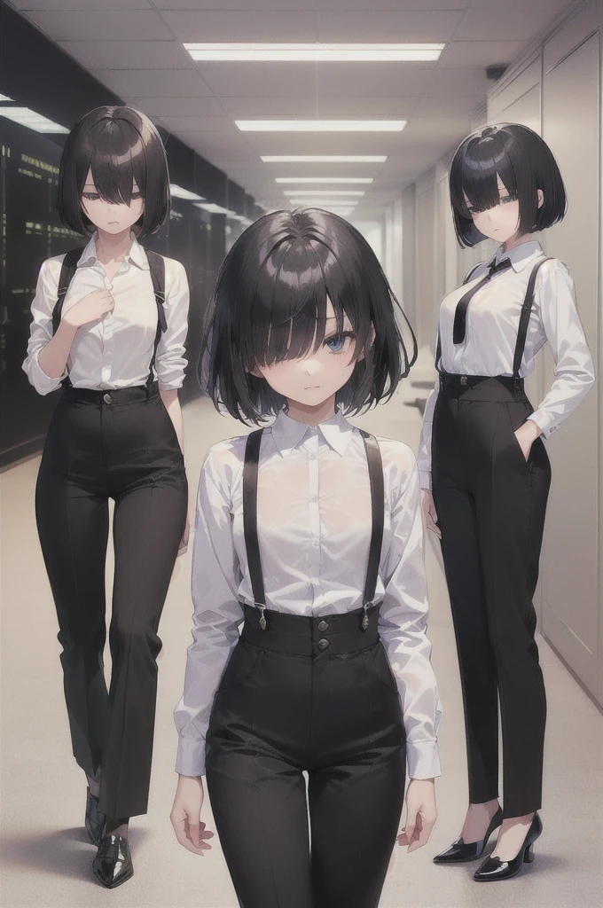 (((((shy girl))))), ((((shy posture)))), (((((1 girl))))), ((((1 girl)))), (((standing up straight))), (((full body))), ((((flat chested)))), ((amber-colored irises on her eyes)), ((((Mikoto Urabe Mysterious Girlfriend X anime style haircut)))), ((((((((hair bangs over eyes)))))))), ((((eyes behind hair)))), (((black short messy bob-cut))), ((((((eyes not visible due to being covered by hair bangs)))))), ((((eyes not visible due to be hidden by hair bangs)))), ((((black high-waist long slacks)))), ((black suspenders)), (((black tie))), (((women's dress shirt))), ((women's dress shoes)), (((20-year-old Office Lady))), ((((Office Setting)))).