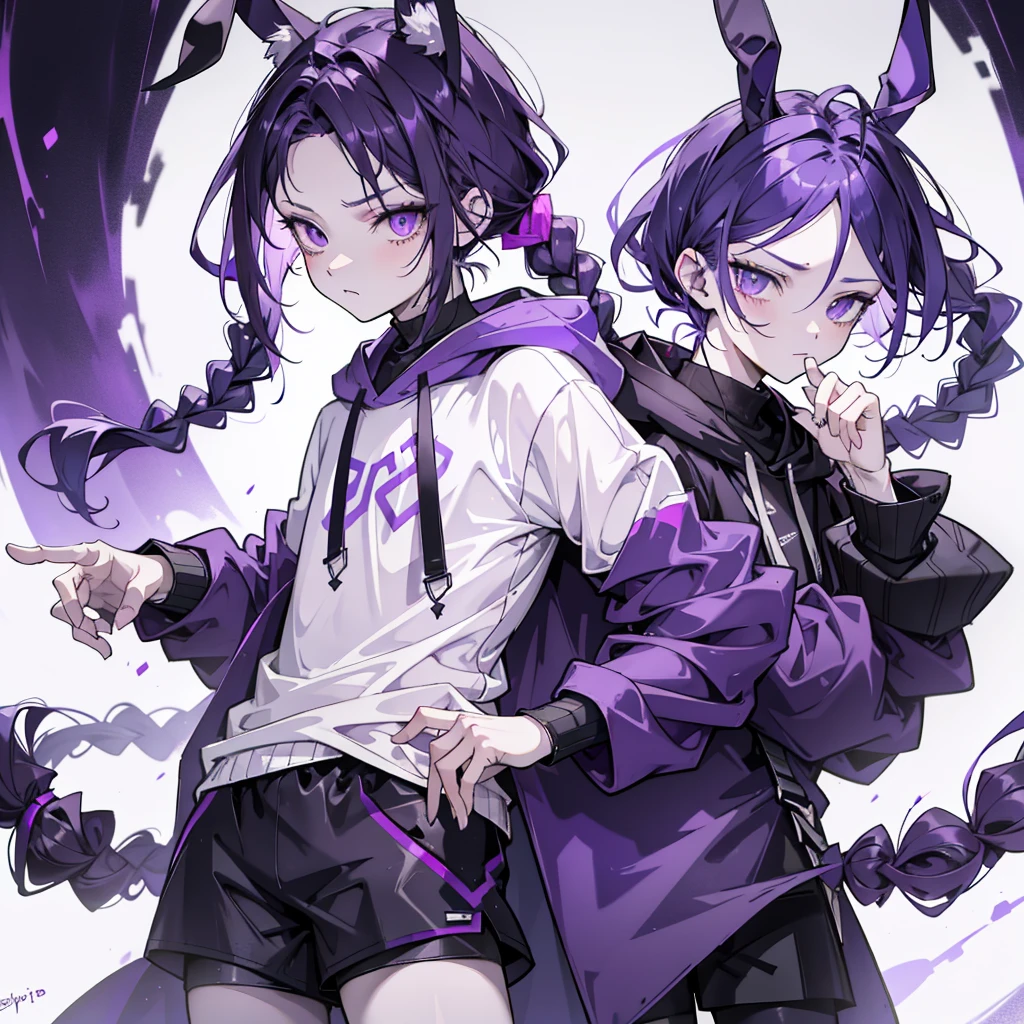 boy rabbit thoughtful look open forehead. dark purple hair braided into a ponytail on the left side. sinuous black horns wrapped in dark purple ribbon. pale violet eyes. in short dark purple shorts. long white T-shirt. dark purple knee-high socks. white long cloak with hood inside. stone walls purple light