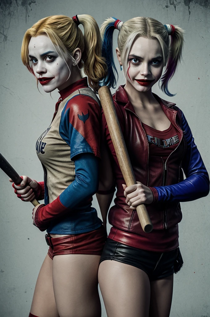 Do you believe me, Harley Quinn and the Joker, with a baseball bat and two weapons crossed and one holding it in his hands, with faded background, and faded background, HD, 3D, virtual, animated