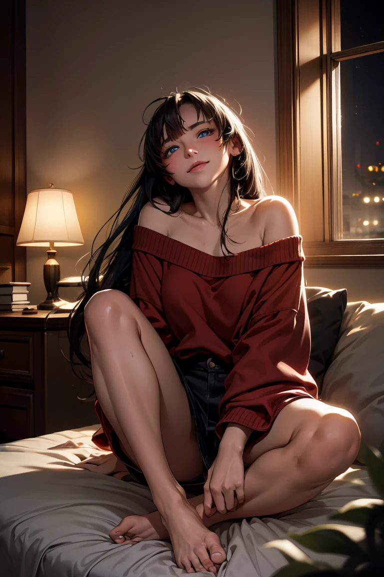 masterpiece, highest quality, High resolution, Super detailed, smile, Woman with long black hair and bangs, Bright Blue Eyes, Beautiful girl looking at the camera, Front view, ((Off-the-shoulder sweater)),((Light Red Sweater)),barefoot, night, Warm indoors, Image illuminated by a small lamp, Depth of written boundary