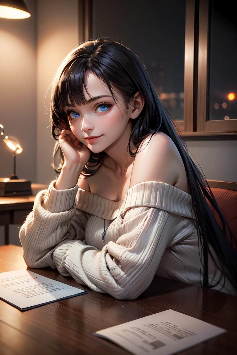 masterpiece, highest quality, High resolution, Super detailed, smile, Woman with long black hair and bangs, Bright Blue Eyes, Beautiful girl looking at the camera, Front view, ((Off-the-shoulder sweater)),((Light Red Sweater)),barefoot, night, Warm indoors, Image illuminated by a small lamp, Depth of written boundary