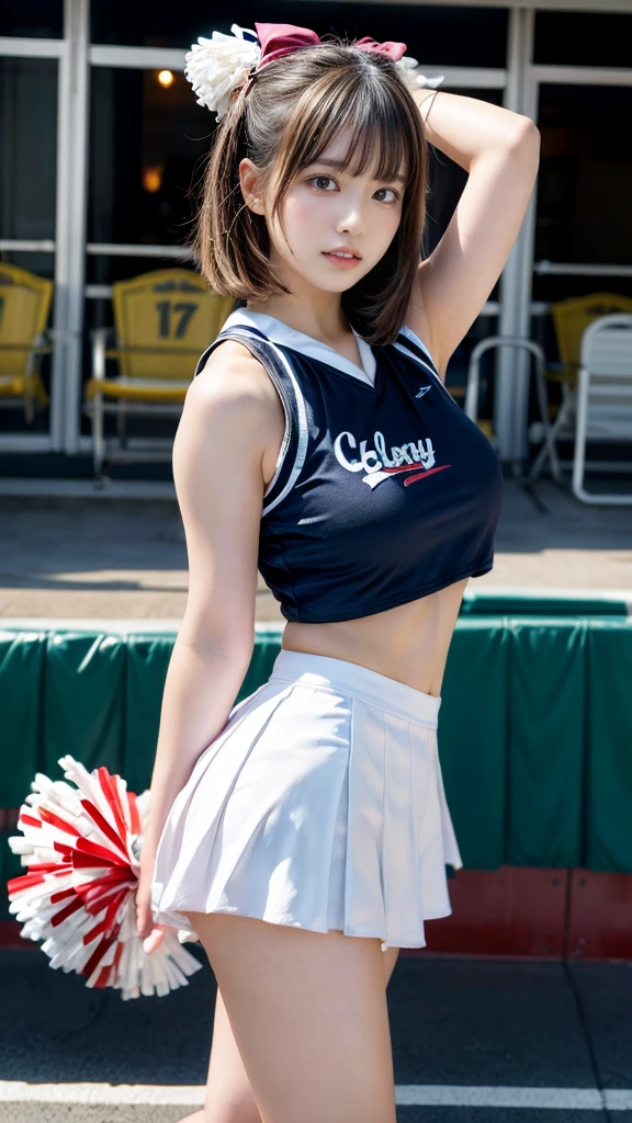 (Photogenic, best quality, Masterpiece: 1.5), cheerleader girl, baseball stadium, Hands are clear and distinct, black hair, underwear, voluptuous body, beautiful face, 3D, Japanese, cheerleader girl wear, , mini-skirt, A glimpse of underwear, bandy-legged, short hair, beautiful face, shining thighs, pure white skin, Japan, high school girl, real