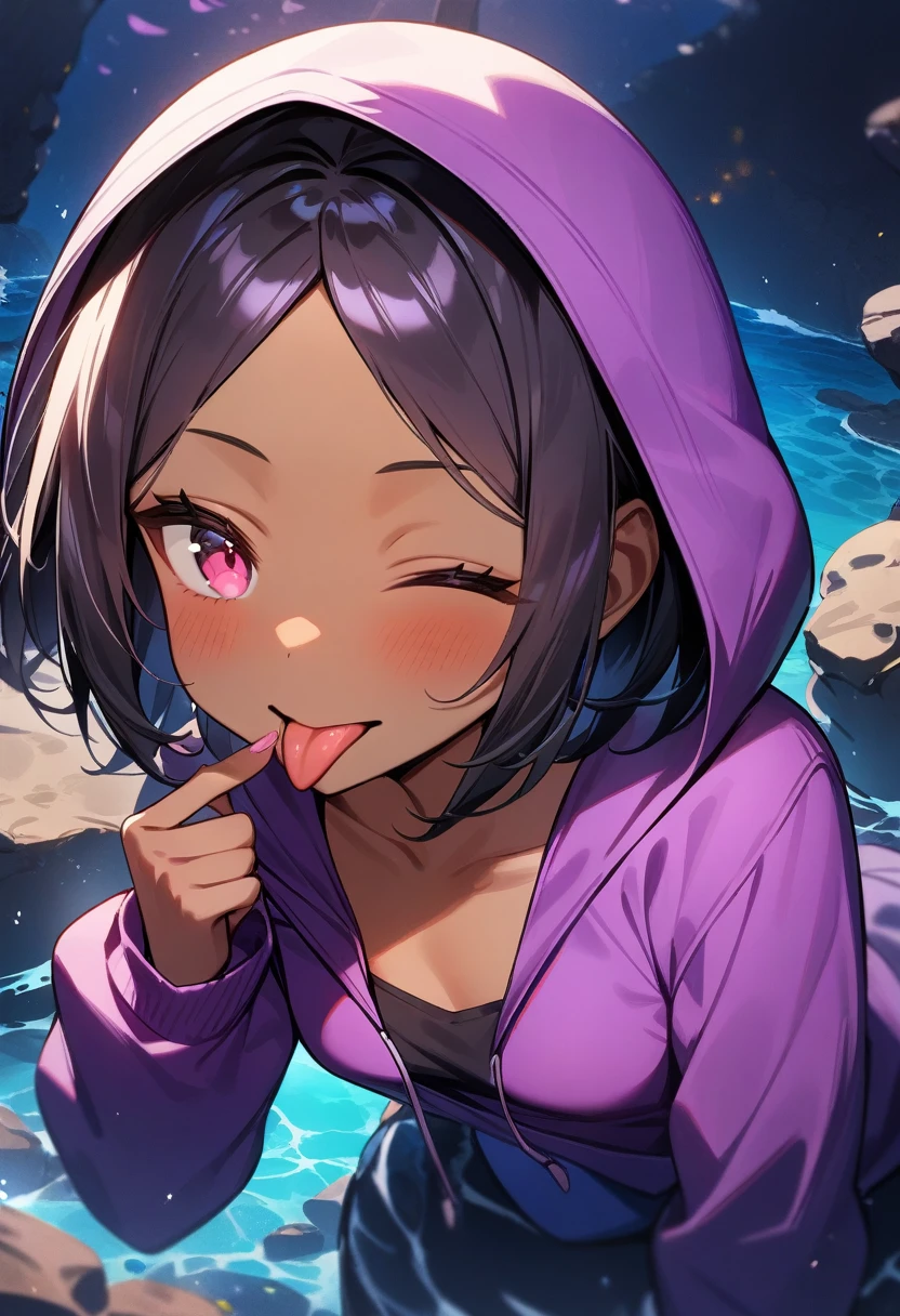 1girl, dark skin, mouth closed, tongue out, small breasts, short hair, black hair, parted bangs, pink eyes, purple hoodie, hooded head, seafloor, masterpiece quality, ultra HD, 4K, best quality, 