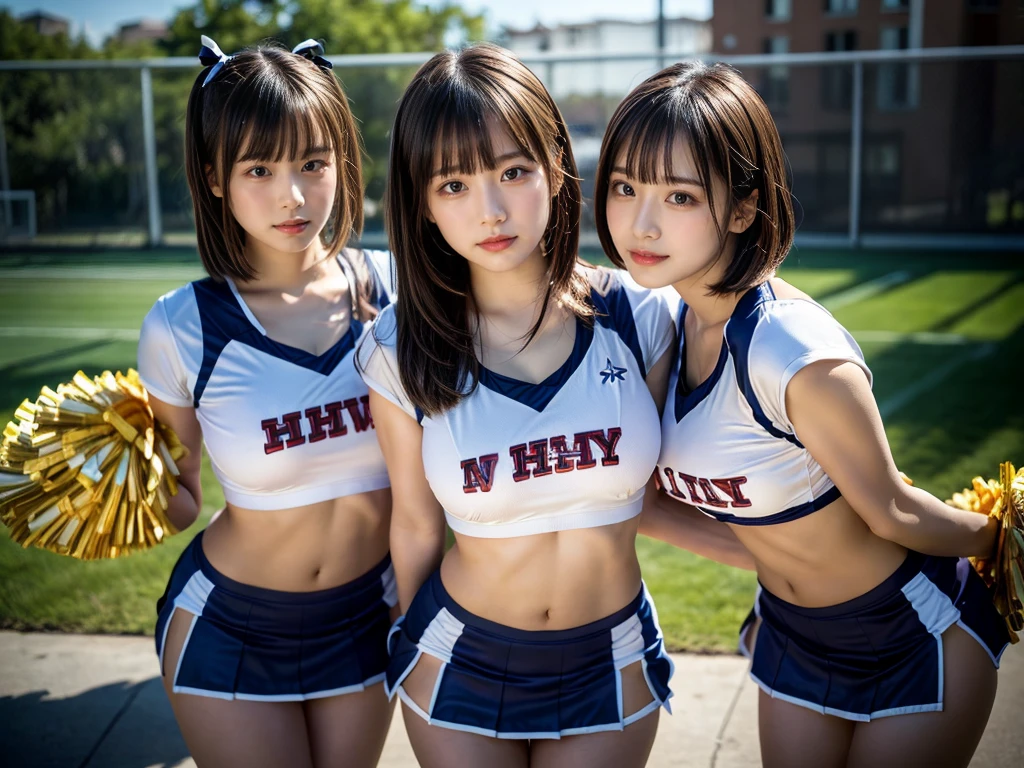 (RAW photo, 4k, masterpiece, high resolution, extremely complex) (realistic: 1.4), cinematic lighting
((2 girls, 2 schoolgirls)),blushing,((innocent)),bright eyes,round eyes,blunt bangs,(short bob hair:1.3),black hair,large breasts,wide hips,Summer Noon, ,Hot, (Best Quality), (Highres), (an Extremely Delicate and Beautiful),(Beautiful 8k face),(Brown eyes),( spectators),(gigantic breasts),(Play with each other,Touching each other's bodies,Touching the body),(cheer girl:1.5),(a miniskirt),(reality),bright lighting,(The background is a luxury hotel room)