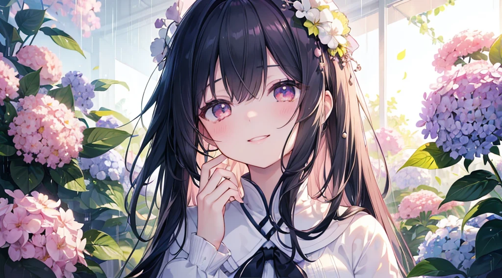 (((Highest quality、masterpiece、Ultra-fine、Ultra-fine、Exquisite、16k、Full HD,high school girl,))) 、Black Hair,((Sad), (((Looking up from below)))) 、((Soft sunlight、((sunny)) )),Hydrangea flowers blooming in the rain、Dark Eyes、Long eyelashes、White skin、(Pale pink lips、Pale pink cheeks、thin and long)、 ((cute)) ((one person)) 、((The best smile)) 、