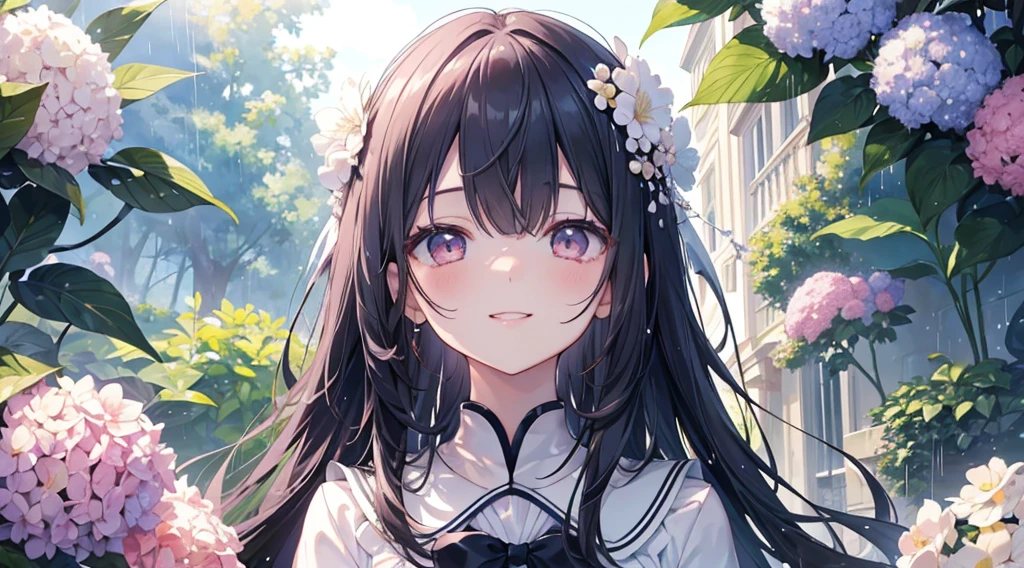 (((Highest quality、masterpiece、Ultra-fine、Ultra-fine、Exquisite、16k、Full HD,high school girl,))) 、Black Hair,((Sad), (((Looking up from below)))) 、((Soft sunlight、((sunny)) )),Hydrangea flowers blooming in the rain、Dark Eyes、Long eyelashes、White skin、(Pale pink lips、Pale pink cheeks、thin and long)、 ((cute)) ((one person)) 、((The best smile)) 、