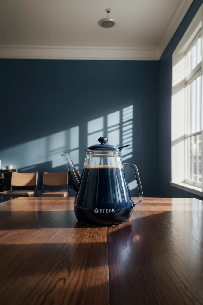 just 1 blue coffee pot and 1 cup of coffee in the foreground, meeting room background with dark blue wall, obra de arte, 8k, high resolution.