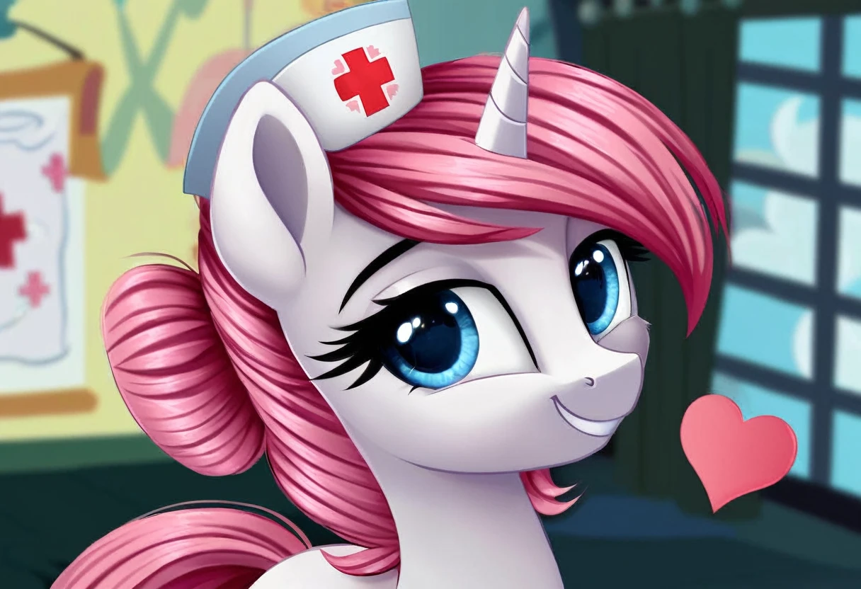 mlp role,Nurse Red Heart,Blue sky,white pony,White Wings,White unicorn,Pink sideburns and tail,Smile,Cute look