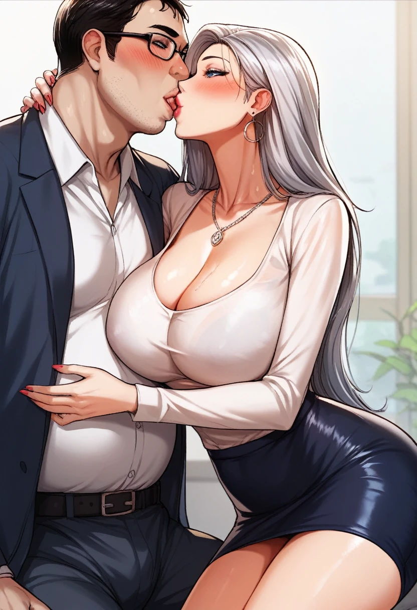 Hot sexy beautiful milf kissing to ugly fat old man in office ,indian long silver jhumka earrings,big breasts, lipstick,makeup,silver hair,slick back long hair,blush,blue eyes,1 girl,1 boy, necklace ,see through t short,pencil skirt, stocking