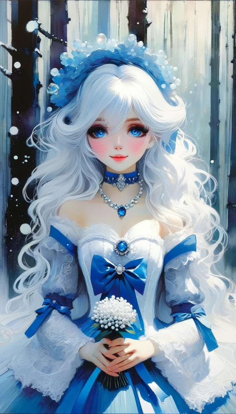 {blue and white theme}, 1girl, solo, alone, smiling, blue gothic lolita dress, (white hair, weavy long hair with blue ribbon:1.3), blue sapphire eyes, gems, jewelry, wide sleeves, holding bouquet of crystal flower, outdoors, frozen, forest, full body, masterpiece, highest quality, ultra detailed, Soft light, (rime:1.3), (crystal flower:1.3),(art inspired by Bill Sienkiewicz). oil painting, details of brush strokes that enhance depth)
