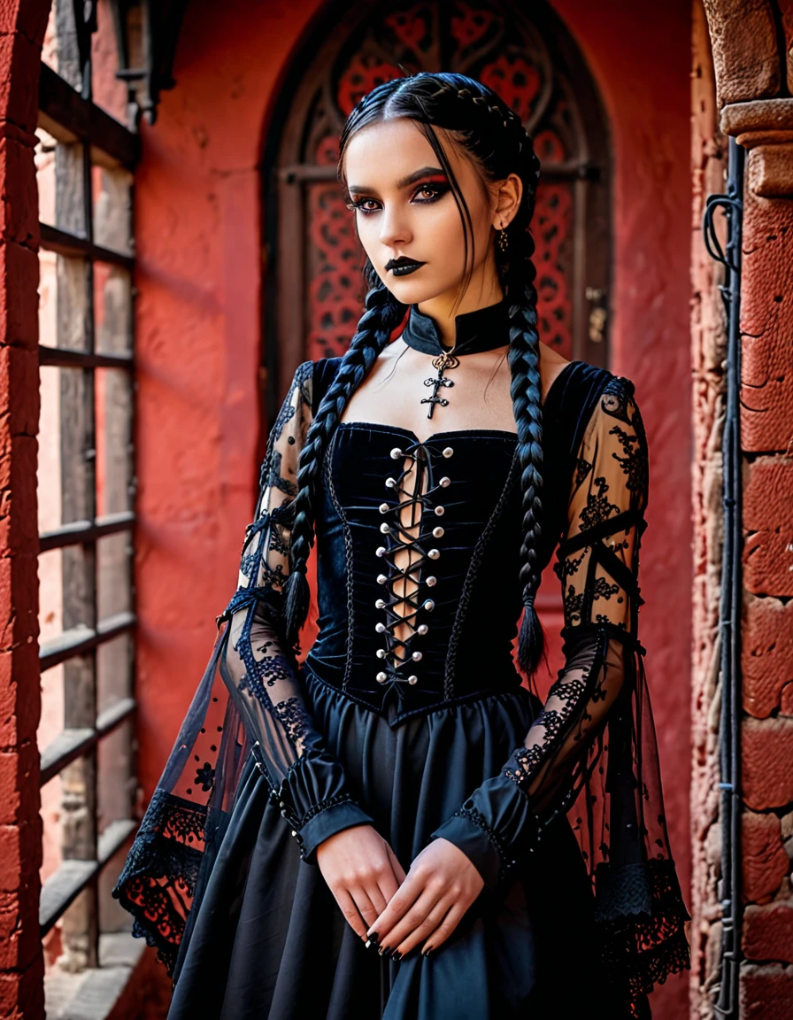 cinematic photo professional full body photography, photo shoot ((17 year old girl)) braided black hair, gothic makeup and clothes, location is a medieval brothel, red walls, model wearing a transparent , Nikon Z9. 35mm photography, film, bokeh, professional, 4k, very detailed.