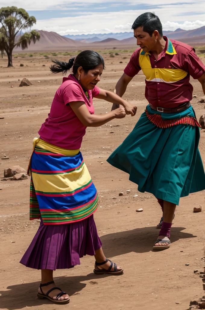 A woman with a skirt from Bolivia being beaten by her husband