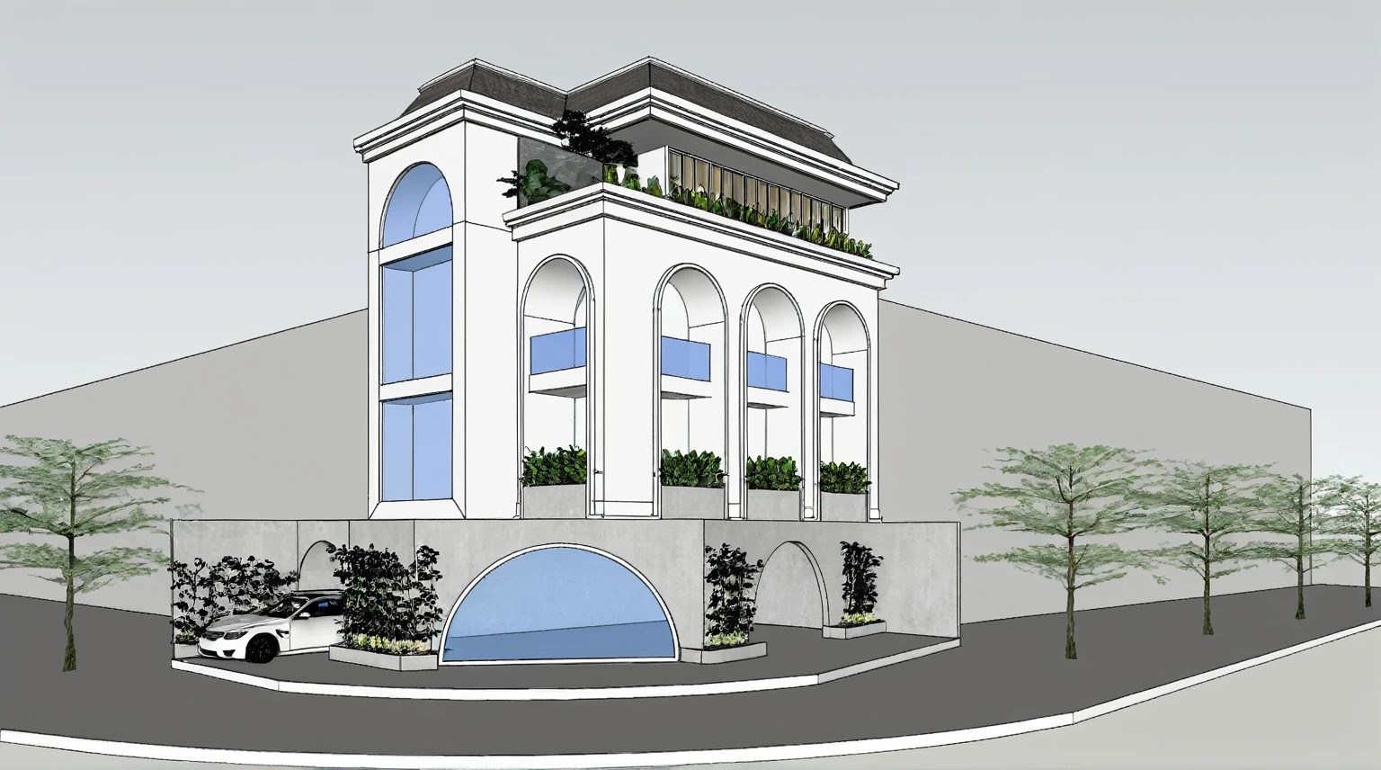 Imaginez une vue extérieure dans un ma???? moderne avec des éléments en béton et en bois de chêne, Surrounded by nature. Adoptez l’élégance, architecture contemporaine tout en créant un intérieur cosy aux accents de bois de chêne. Maximize natural light, large windows, et des vues imprenables. Describe a luxurious and welcoming retreat in harmony with the&#39;environnement naturel.