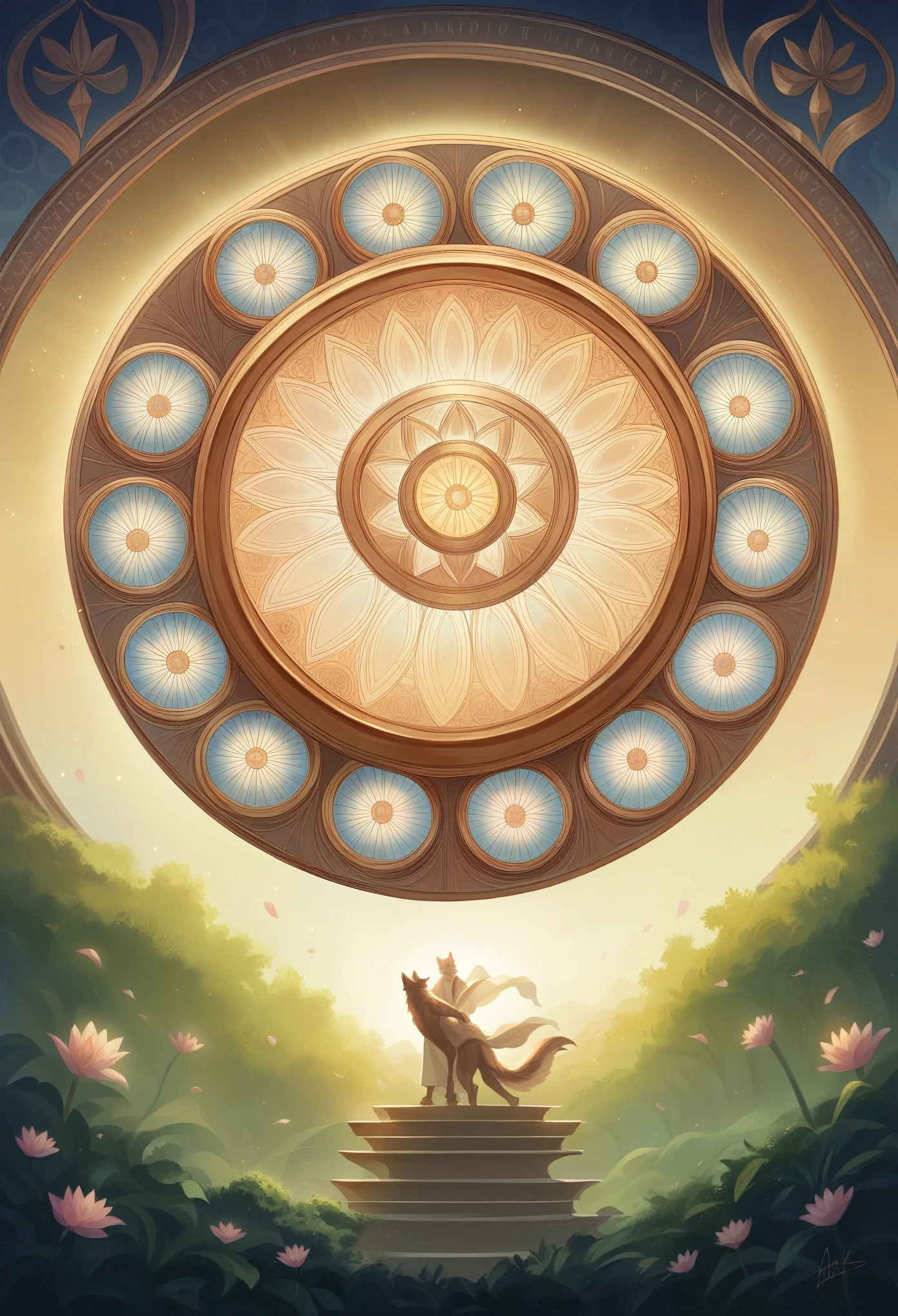 male wolf monk in the garden,dreamy background, lotus position, put one's palms together, The Sanskrit golden wheel behind it, Flying golden Sanskrit, kindness, divinity,divine light, holy light, boundless light, magnificent sunset background, octane render, gorgeous features, beautifully detailed eyes,intricate fur, detailed face, perfect skin texture, extreme details, full body view, cinematic lighting, professional lighting, centered, looking at camera, 8k, shot with Hasselblad X1D-50, maximum focus, depth of field, perfect lighting, light particles(best quality)(masterpiece)(ultra detailed)sharp focus,light particles,