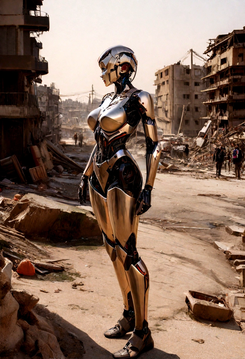 ((masterpiece, highest quality, Highest image quality, High resolution, photorealistic, Raw photo, 8K)), Abandoned robot soldier on battlefield, broken and immobile, rust and moss showing passage of time, female cyborg body, Blonde, female body, biomechanical , extra detailed body, blowjob white mech, white biomechanical details, detailed body, shiny white armor, cybernetic body, eva unit-00 on back, full body details, destroyed city in the background