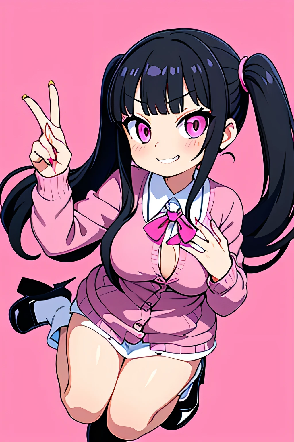 best quality, expressive eyes, perfect face, black hair, long twintails, straight bangs, pink eyes, smirking expression, pink gyaru outfit, pink lips, big breasts, adult, pinching finger, evil, wearing black heels, pink cardigan, uniform, long nails, gyaru fashion, evil expression