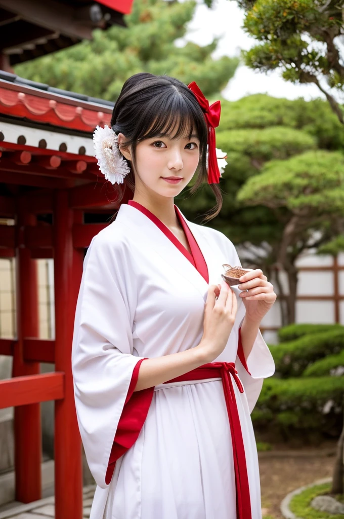 Red hakama, red Japanese style pants, the lower half of the costume is red, Main hall of the shrine, Shrine maiden, ((full body)), ((photo)), ((best qualtiy, 8K, tmasterpiece: 1.3)), Focus: 1.2, perfect figure beautiful girl: 1.4, 1girl, cowboy shot, look at viewer, incredibly absurd, beautiful and cute girl with a photorealistic face, showcasing top-quality craftsmanship, Japanese girl sweeping the garden at the shrine, , Her hair is half-up with smooth curls, glossy jet black long hair, Gentle features, Big deep brown eyes, Small face, Fair skin, Translucent, Smooth and silky skin, Natural eyebrow shape, Thin lips, Soft smile,, delicate, Well-balanced proportions, B cup small breasts, Simple and elegant shrine maiden costume, White robe and red hakama,, Beautiful girl, Clean, Healing, Moe, Elegant manners, Kind, Tolerant, Humble, Sincere, Deep faith, January
