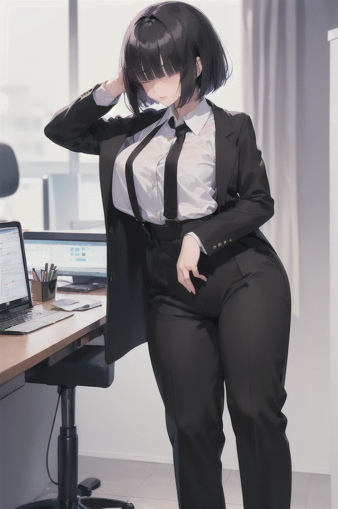 (((((shy girl))))), ((((shy posture)))), (((((1 girl))))), (((standing up straight))), (((full body drawing))), ((((flat chested)))), ((amber-colored irises on her eyes)), ((((Mikoto Urabe Mysterious Girlfriend X anime style haircut)))), ((((((((hair bangs over eyes)))))))), ((((eyes behind hair)))), (((black short messy bob-cut))), ((((((eyes not visible due to being covered by hair bangs)))))), ((((eyes not visible due to be hidden by hair bangs)))), ((((black high-waist long slacks)))), ((black suspenders)), (((black tie))), (((women's dress shirt))), ((women's dress shoes)), (((20-year-old Office Lady))), ((((Office Setting)))).