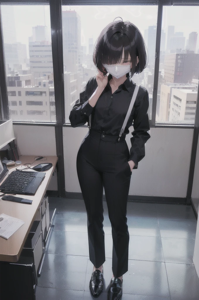 (((((shy girl))))), ((((shy posture)))), (((((1 girl))))), (((standing up straight))), (((full body drawing))), ((((flat chested)))), ((amber-colored irises on her eyes)), ((((Mikoto Urabe Mysterious Girlfriend X anime style haircut)))), ((((((((hair bangs over eyes)))))))), ((((eyes behind hair)))), (((black short messy bob-cut))), ((((((eyes not visible due to being covered by hair bangs)))))), ((((eyes not visible due to be hidden by hair bangs)))), ((((black high-waist long slacks)))), ((black suspenders)), (((black tie))), (((women's dress shirt))), ((women's dress shoes)), (((20-year-old Office Lady))), ((((Office Setting)))).